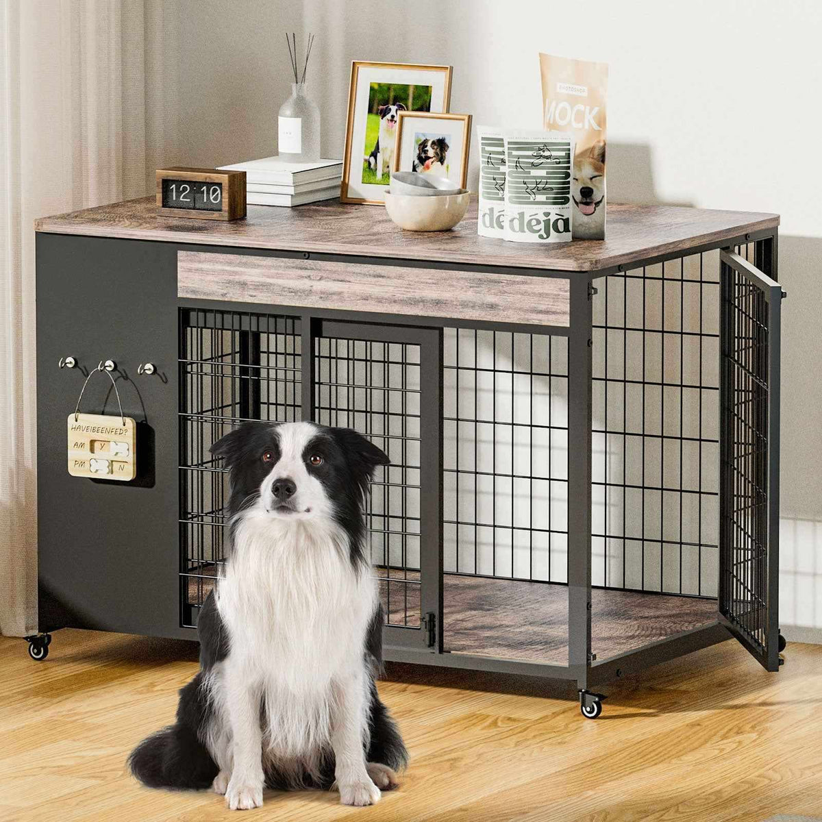 38in Dog Crate Furniture - Dog Crate With DIY Frame, Sliding Door Indoor Kennel, Wooden Dog Cage End Table, For Medium-Large Breed, Size L