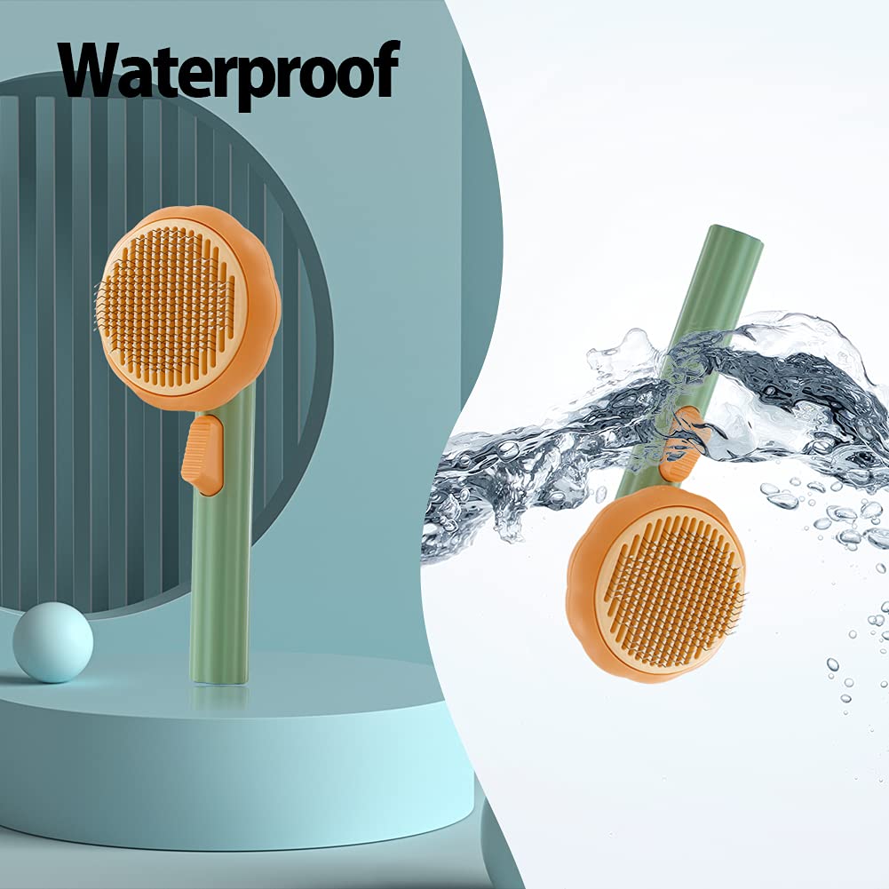 A green and orange Pumpkin Design Needle Comb for Dog and Cat Grooming is shown with water splashing over it, emphasizing its waterproof feature. The word “Waterproof” appears at the top left of the image.