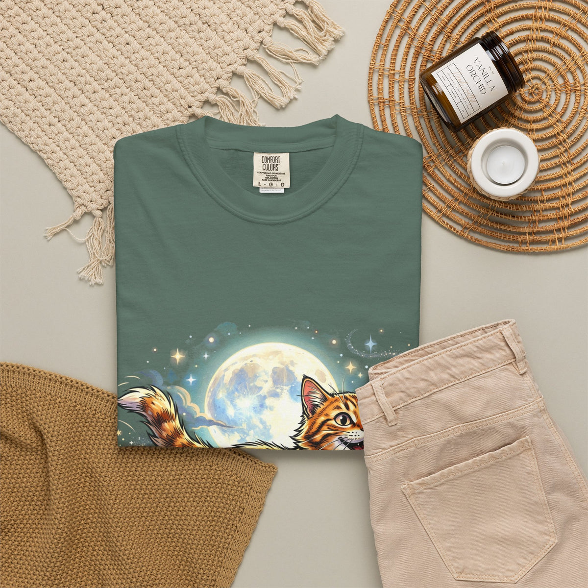 Moonlit Ginger Cat T-Shirt — Playful Orange Tabby Illustration Tee