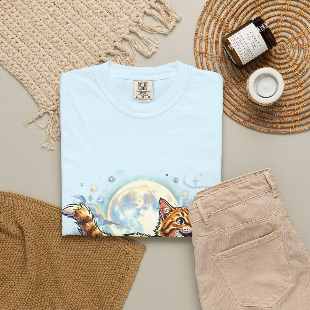 Moonlit Ginger Cat T-Shirt — Playful Orange Tabby Illustration Tee
