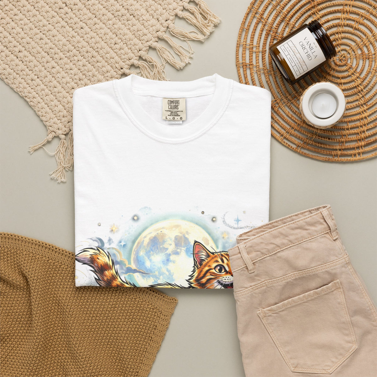 Moonlit Ginger Cat T-Shirt — Playful Orange Tabby Illustration Tee