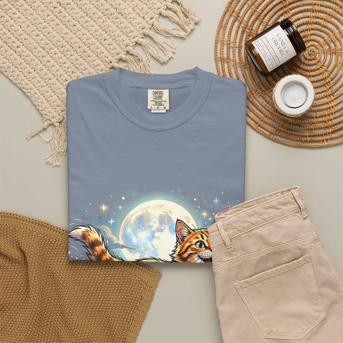 Moonlit Ginger Cat T-Shirt — Playful Orange Tabby Illustration Tee