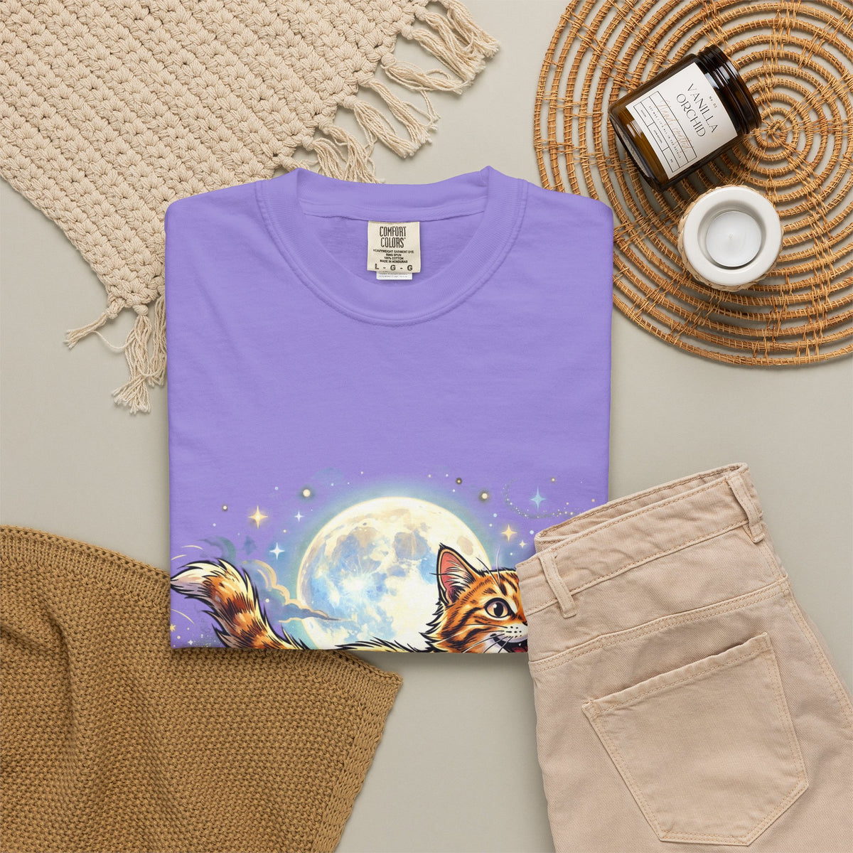 Moonlit Ginger Cat T-Shirt — Playful Orange Tabby Illustration Tee