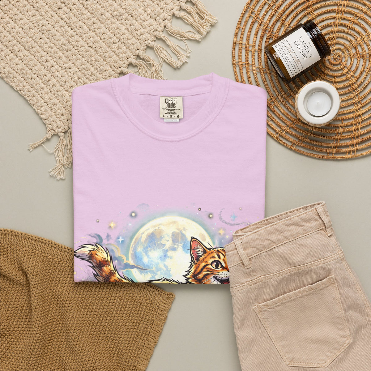 Moonlit Ginger Cat T-Shirt — Playful Orange Tabby Illustration Tee
