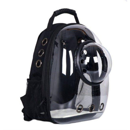 Introducing the Clear Cat and Dog Carrier Backpack—a transparent pet carrier backpack featuring a bubble window, black trim, ventilation holes, and a convenient side pocket. This breathable carrier is designed to comfortably and stylishly transport your small pet wherever you go.