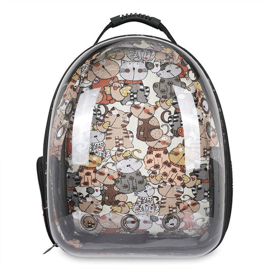 The Clear Cat and Dog Carrier Backpack is a transparent bubble backpack decorated with a fun cat pattern in assorted colors, featuring ventilation holes and a convenient side pocket—making it a breathable and practical pet carrier for travel or daily outings.