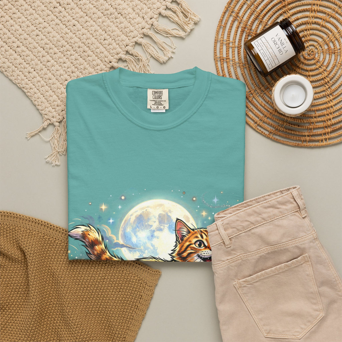 Moonlit Ginger Cat T-Shirt — Playful Orange Tabby Illustration Tee