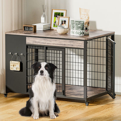 38in  Dog Crate Furniture - Dog Crate With DIY Frame, Sliding Door Indoor Kennel, Wooden Dog Cage End Table, For Medium-Large Breed, Size L