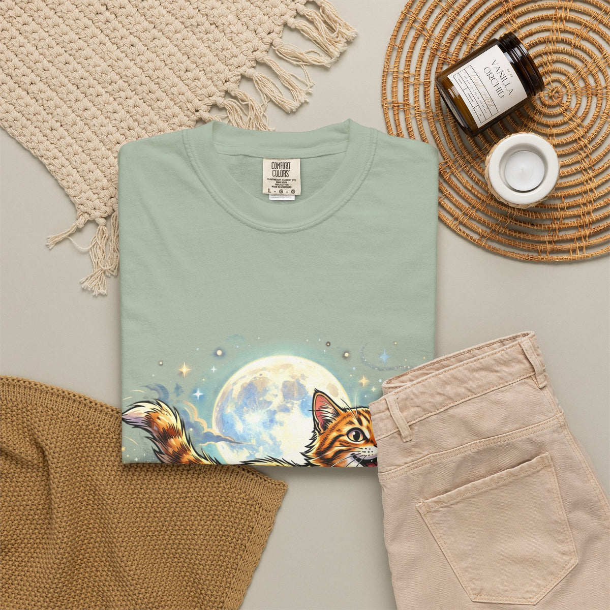 Moonlit Ginger Cat T-Shirt — Playful Orange Tabby Illustration Tee