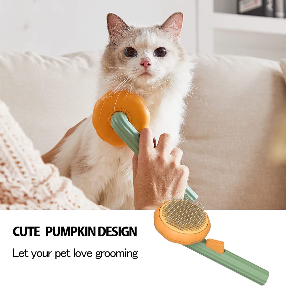 A fluffy white cat is being brushed with the Pumpkin Design Needle Comb for Dog and Cat Grooming, a gentle slicker brush featuring a cute green and orange pumpkin shape. Text below highlights its adorable pumpkin design and invites loving pet owners to enjoy gentle grooming with this charming comb.