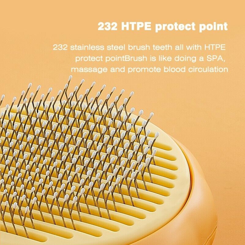 Close-up of the Pumpkin Design Needle Comb for Dog and Cat Grooming, a yellow hairbrush featuring numerous metal bristles tipped with white beads. The text above highlights its 232 stainless steel brush teeth with HTPE protection points, providing a gentle massage to promote blood circulation and making this slicker brush ideal for safe, comfortable pet grooming.