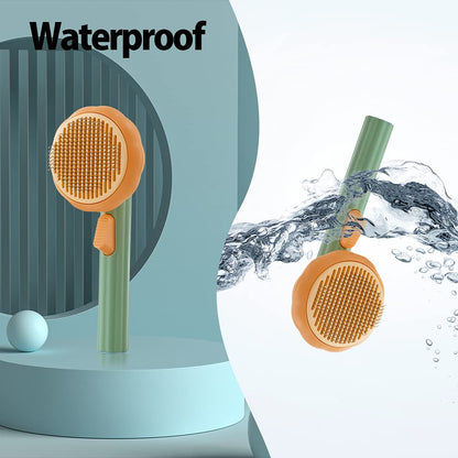 A green and orange Pumpkin Design Needle Comb for Dog and Cat Grooming is shown with water splashing over it, emphasizing its waterproof feature. The word “Waterproof” appears at the top left of the image.