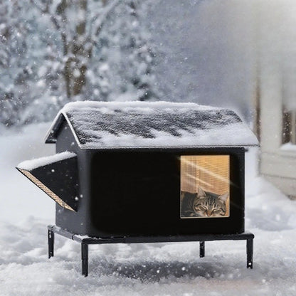 Winter Insulated Warm Outdoor Cat House for Stray Cat Weatherproof Elevated Cat Shelter with Escape Door Feral Cat Shelter Bed