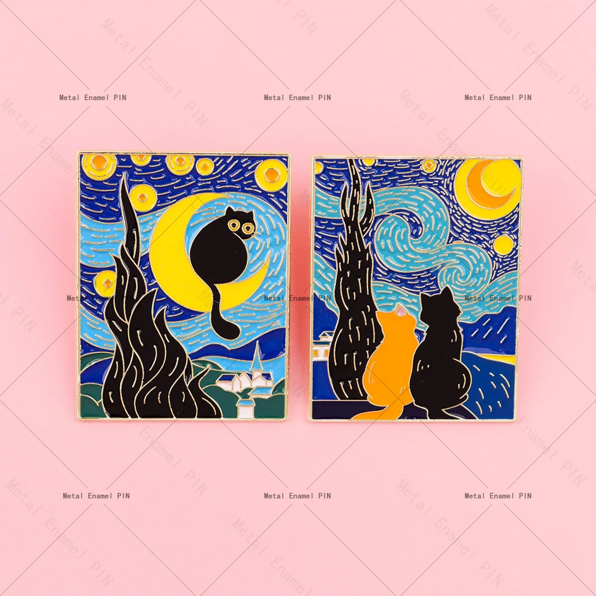 Van Gogh Starry Night Cat Enamel Brooches Cute Cat Lapel Pins Badge on Backpack Costume Accessories Fashion Jewelry Gifts