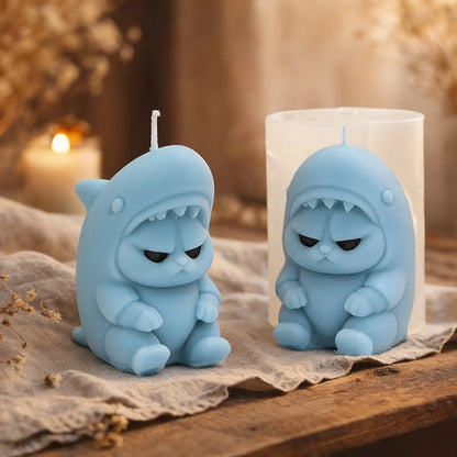 Kawaii Shark Cat Silicone Candle Mold, 3D Grumpy Cat in Shark Costume Soap Resin Mould, Viral DIY Craft Mold for Home Decor Gift