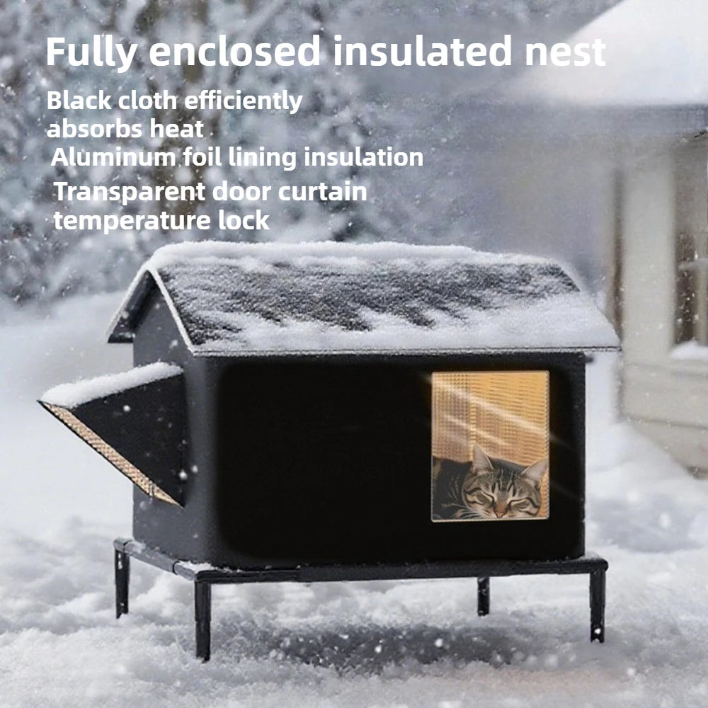 Winter Insulated Warm Outdoor Cat House for Stray Cat Weatherproof Elevated Cat Shelter with Escape Door Feral Cat Shelter Bed