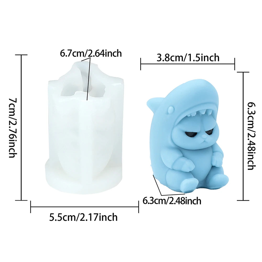 Kawaii Shark Cat Silicone Candle Mold, 3D Grumpy Cat in Shark Costume Soap Resin Mould, Viral DIY Craft Mold for Home Decor Gift