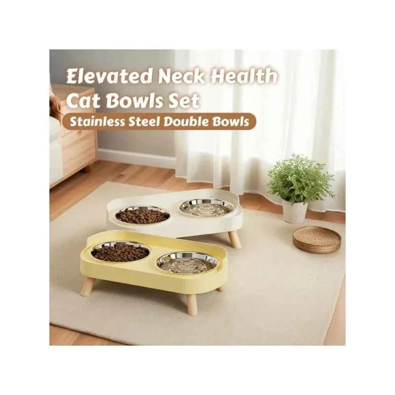 Fashion Pet Food And Water Station Dual Stainless Steel Bowls with Neck Support for Cats And Dogs