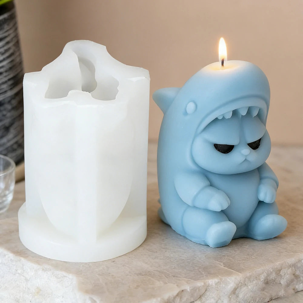 Kawaii Shark Cat Silicone Candle Mold, 3D Grumpy Cat in Shark Costume Soap Resin Mould, Viral DIY Craft Mold for Home Decor Gift