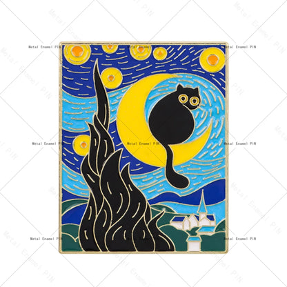 Van Gogh Starry Night Cat Enamel Brooches Cute Cat Lapel Pins Badge on Backpack Costume Accessories Fashion Jewelry Gifts