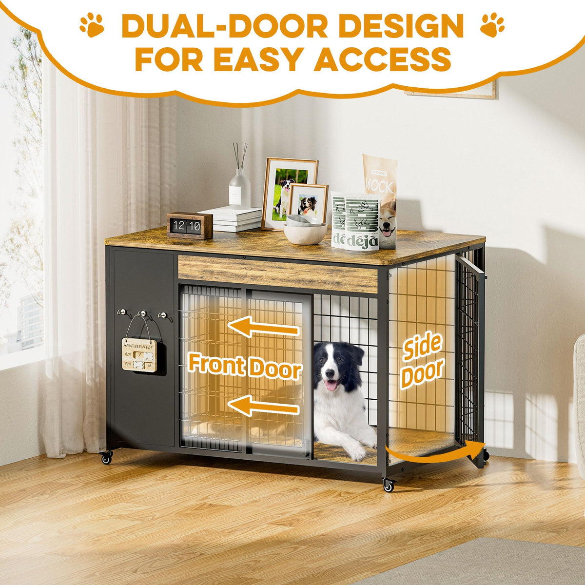 38in  Dog Crate Furniture - Dog Crate With DIY Frame, Sliding Door Indoor Kennel, Wooden Dog Cage End Table, For Medium-Large Breed, Size L