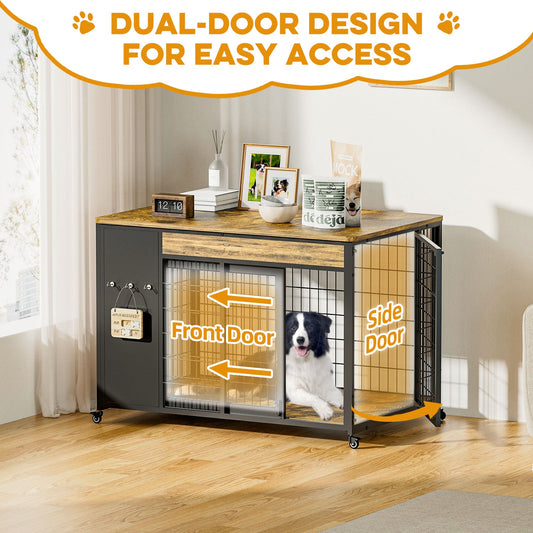 38in  Dog Crate Furniture - Dog Crate With DIY Frame, Sliding Door Indoor Kennel, Wooden Dog Cage End Table, For Medium-Large Breed, Size L