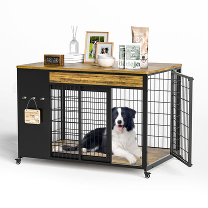 38in  Dog Crate Furniture - Dog Crate With DIY Frame, Sliding Door Indoor Kennel, Wooden Dog Cage End Table, For Medium-Large Breed, Size L