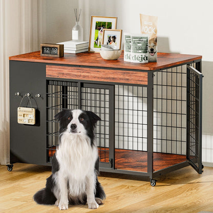 38in  Dog Crate Furniture - Dog Crate With DIY Frame, Sliding Door Indoor Kennel, Wooden Dog Cage End Table, For Medium-Large Breed, Size L