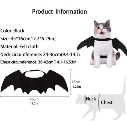 Fun Cat Bat Wings Costume for Cats (14-17in Chest), Adjustable Dog Bat Wings for Puppies, Black Felt Halloween Pet Costume