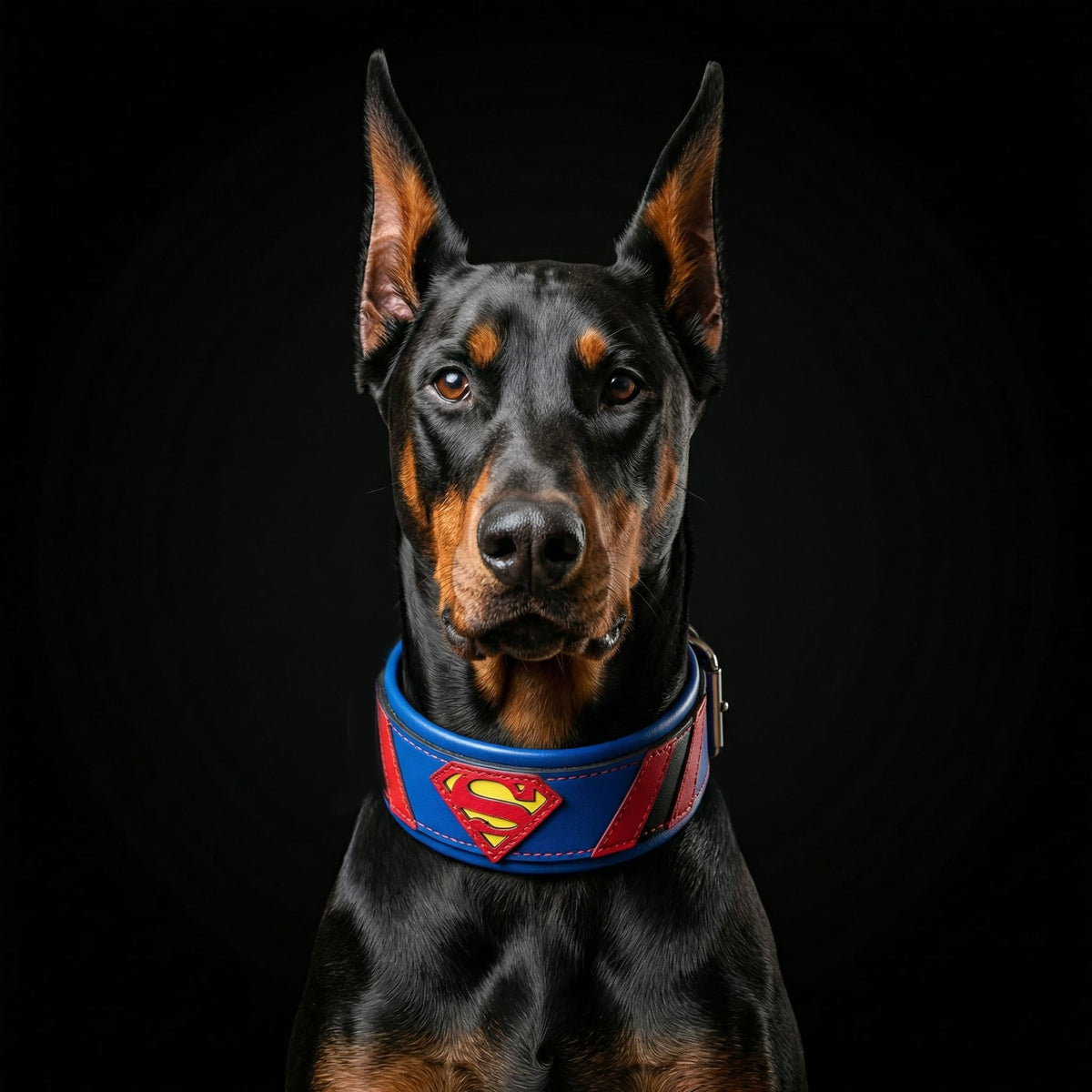 A Doberman wearing the Superdog Collar—a blue and red leather dog collar featuring a Superman logo—sits against a black background, looking directly at the camera.