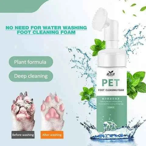 FurryFoot Spa pet foot cleansing foam in white and green bottle with rotating bristle brush and plant formula for deep cleaning.