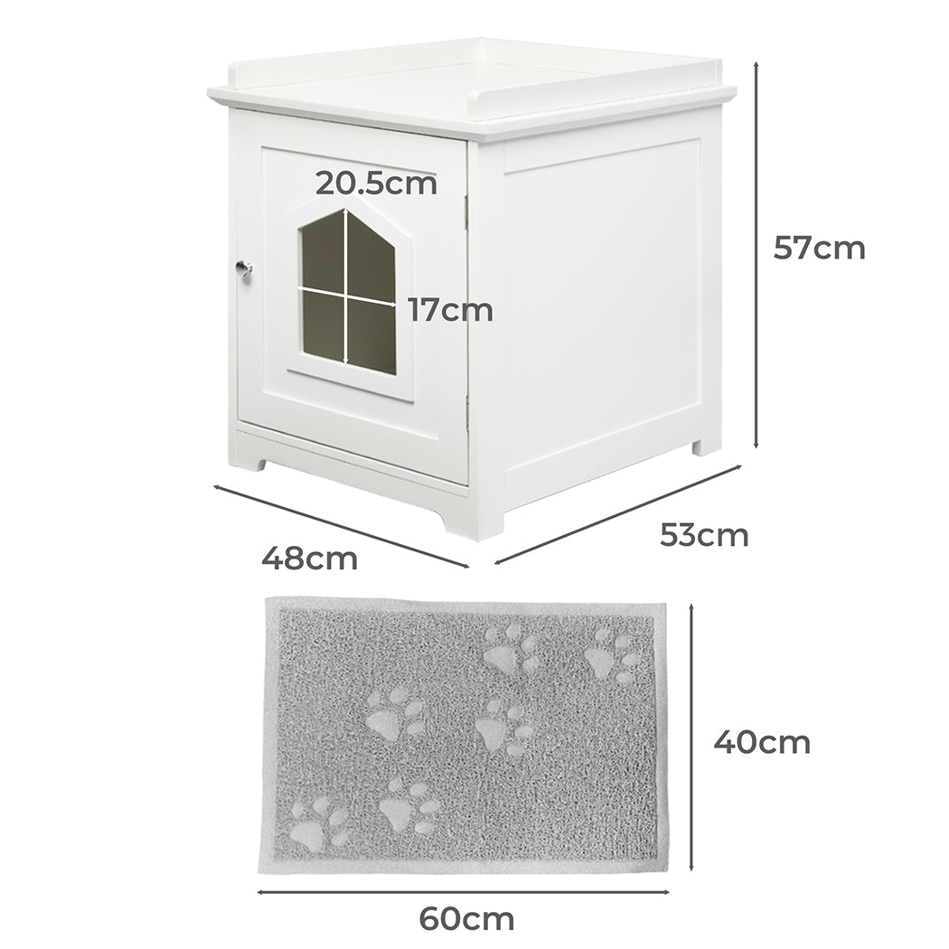 PaWz Cat Litter Box Mat Fully Enclosed—white cat house with a door (20.5cm x 17cm), measuring 53cm tall, 48cm deep, and 57cm high—serves as a stylish cat litter box enclosure or a functional side table in your home. Accompanied by a gray paw-print mat sized 60cm x 40cm.