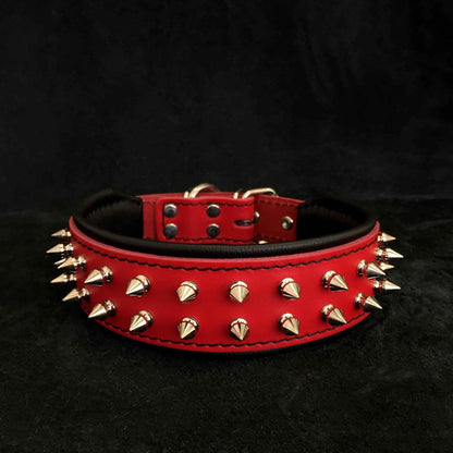 Red "Frenchie" collar made of genuine leather with nickel-plated short spikes and soft orthopedic foam padding for comfort.